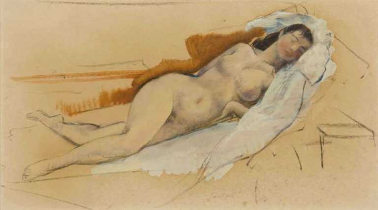 Watercolor by Abraham Leon Kroll: Reclining Nude, represented by Childs Gallery