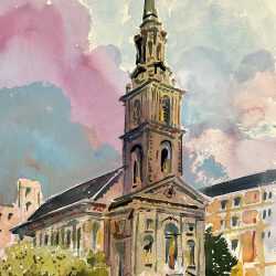 Watercolor by Adam Van Doren: Arlington Street Church, Boston, available at Childs Gallery, Boston