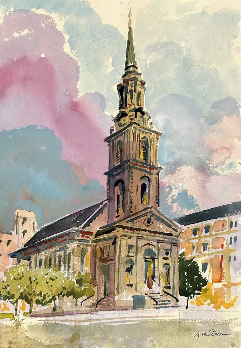 Watercolor by Adam Van Doren: Arlington Street Church, Boston, available at Childs Gallery, Boston