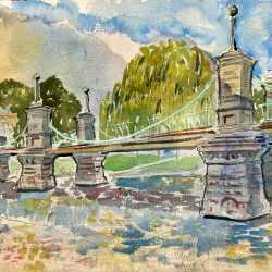 Watercolor by Adam Van Doren: Boston Public Garden Bridge, available at Childs Gallery, Boston