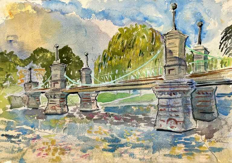 Watercolor by Adam Van Doren: Boston Public Garden Bridge, available at Childs Gallery, Boston