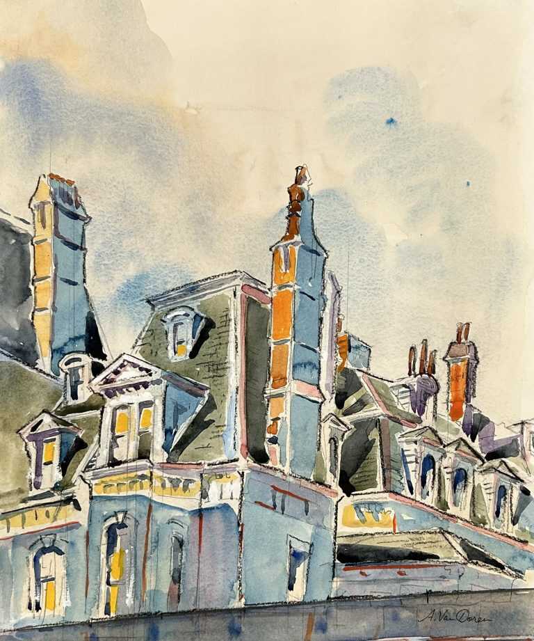 Watercolor by Adam Van Doren: Boston Rooftops, available at Childs Gallery, Boston