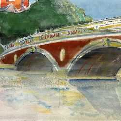 Watercolor by Adam Van Doren: Bridge over Charles River, available at Childs Gallery, Boston