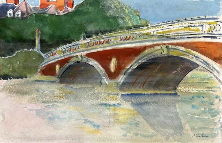 Watercolor by Adam Van Doren: Bridge over Charles River, available at Childs Gallery, Boston