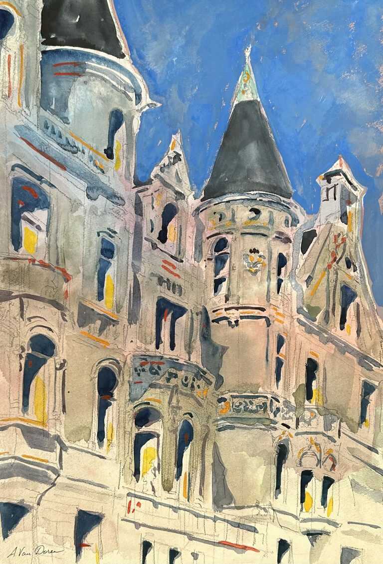 Watercolor by Adam Van Doren: Burrage House, available at Childs Gallery, Boston