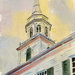 Watercolor by Adam Van Doren: Church Steeple on Martha's Vineyard, available at Childs Gallery, Boston