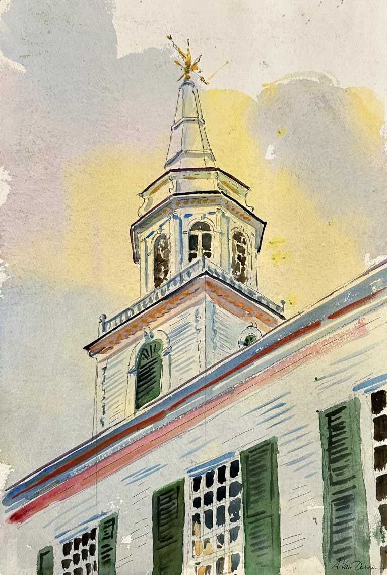 Watercolor by Adam Van Doren: Church Steeple on Martha's Vineyard, available at Childs Gallery, Boston