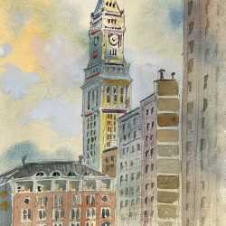 Watercolor by Adam Van Doren: Custom House Clock Tower, available at Childs Gallery, Boston