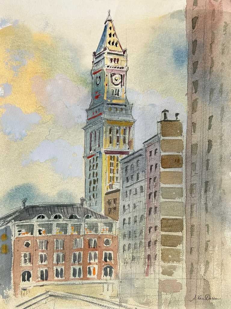 Watercolor by Adam Van Doren: Custom House Clock Tower, available at Childs Gallery, Boston