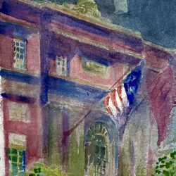 Watercolor by Adam Van Doren: Facade of Harvard Club of New York with flag, available at Childs Gallery, Boston