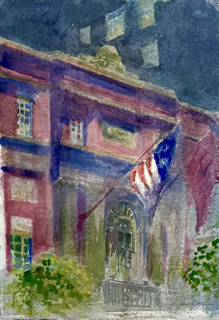 Watercolor by Adam Van Doren: Facade of Harvard Club of New York with flag, available at Childs Gallery, Boston