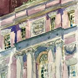 Watercolor by Adam Van Doren: Facade of Harvard Club of New York, available at Childs Gallery, Boston