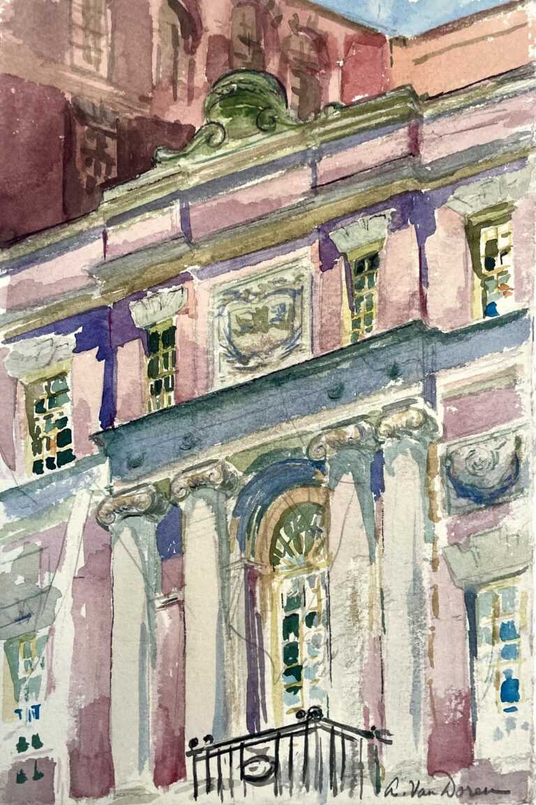 Watercolor by Adam Van Doren: Facade of Harvard Club of New York, available at Childs Gallery, Boston