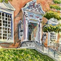 Watercolor by Adam Van Doren: Fogg Museum Entrance, available at Childs Gallery, Boston