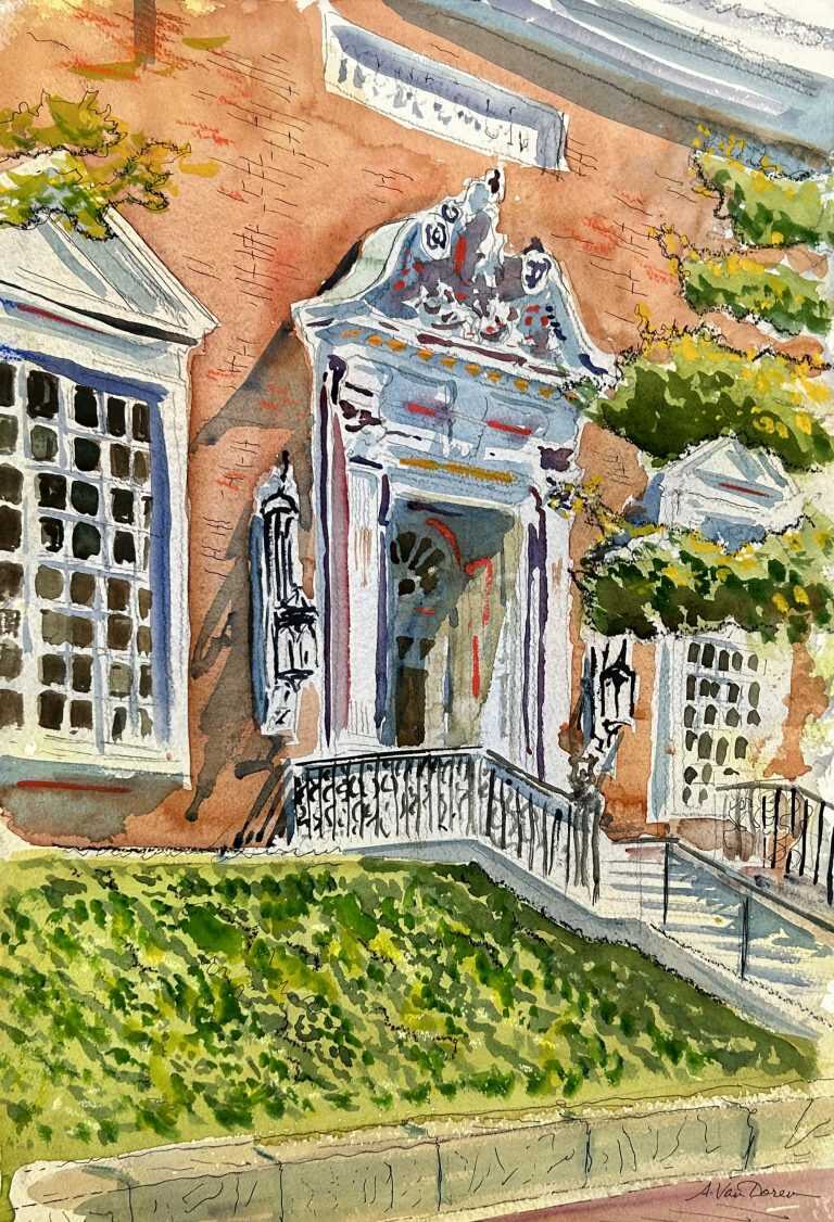 Watercolor by Adam Van Doren: Fogg Museum Entrance, available at Childs Gallery, Boston