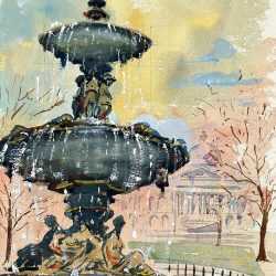 Watercolor by Adam Van Doren: Fountain in Boston, available at Childs Gallery, Boston