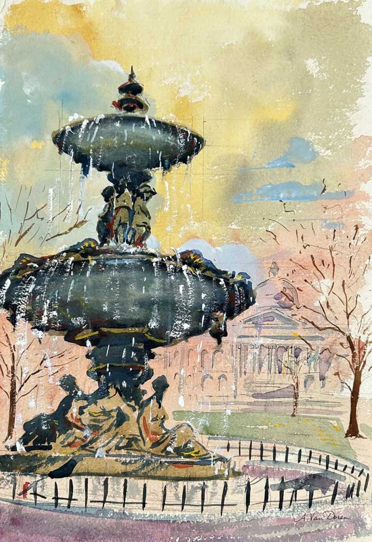 Watercolor by Adam Van Doren: Fountain in Boston, available at Childs Gallery, Boston