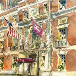 Watercolor by Adam Van Doren: Front Entrance of Harvard Club of New York, available at Childs Gallery, Boston