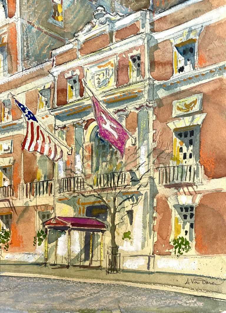 Watercolor by Adam Van Doren: Front Entrance of Harvard Club of New York, available at Childs Gallery, Boston