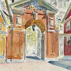 Watercolor by Adam Van Doren: Harvard Entrance Arch, available at Childs Gallery, Boston