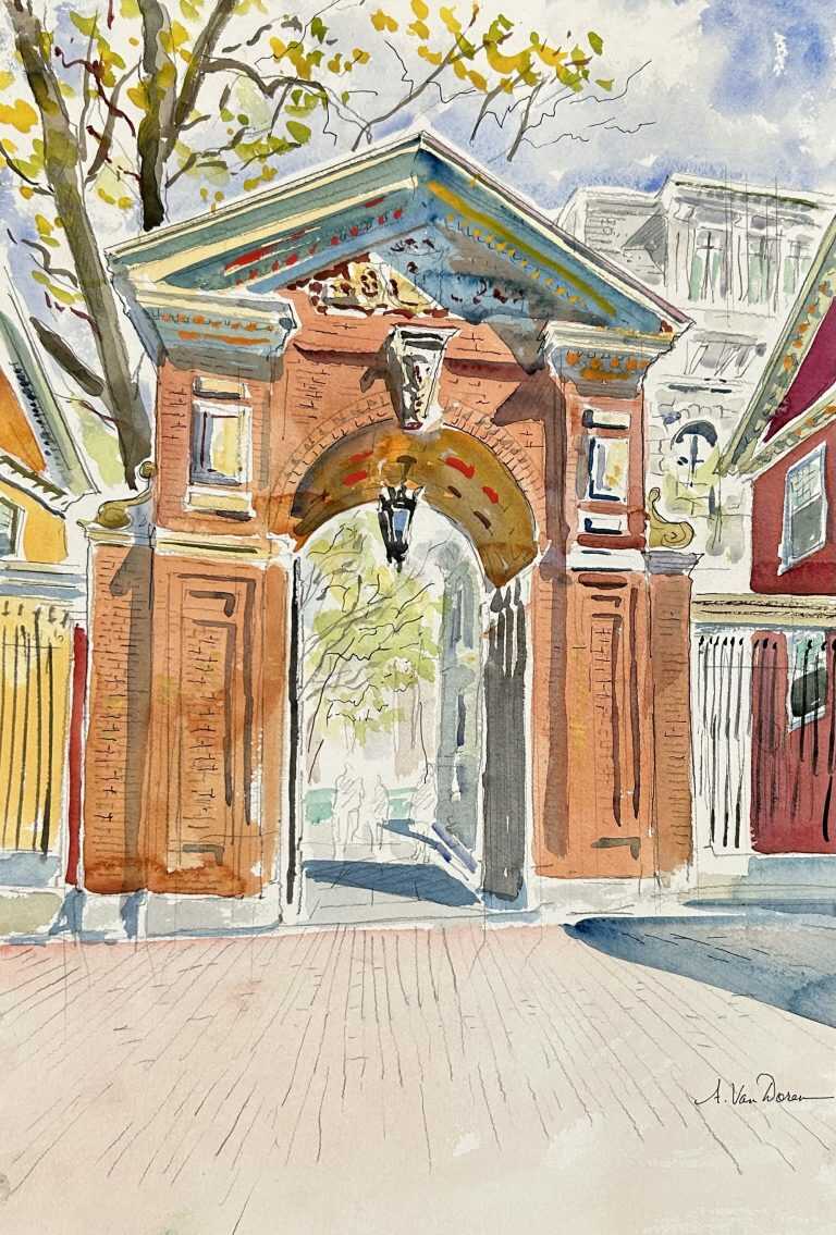 Watercolor by Adam Van Doren: Harvard Entrance Arch, available at Childs Gallery, Boston