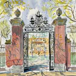 Watercolor by Adam Van Doren: Harvard Gate, available at Childs Gallery, Boston