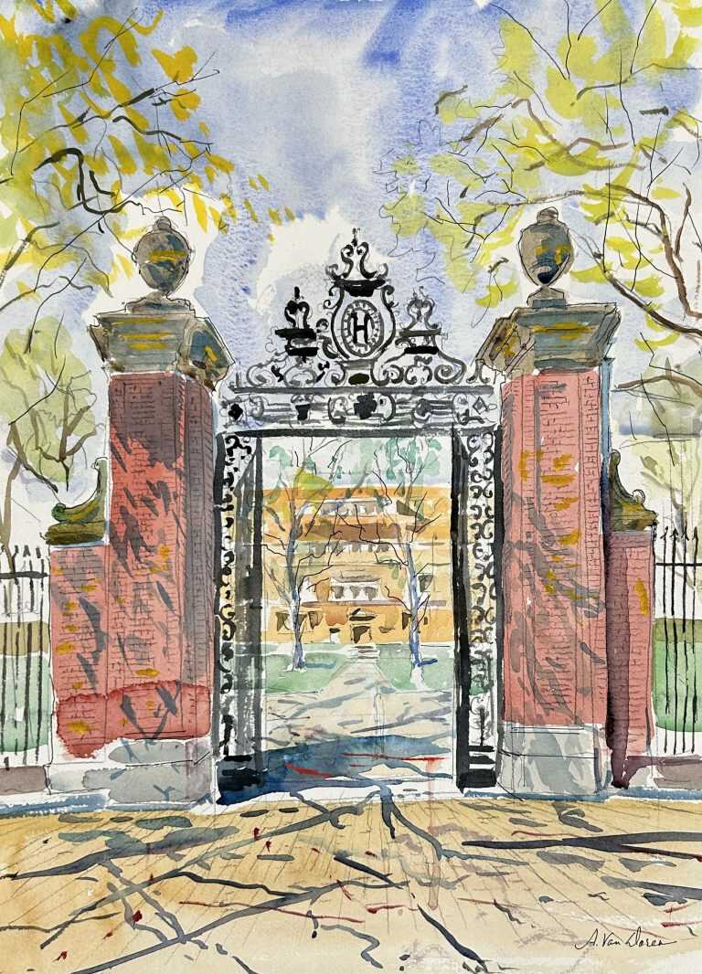 Watercolor by Adam Van Doren: Harvard Gate, available at Childs Gallery, Boston