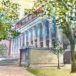 Watercolor by Adam Van Doren: Harvard Library, available at Childs Gallery, Boston