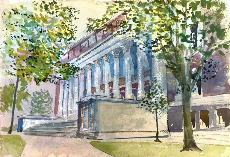 Watercolor by Adam Van Doren: Harvard Library, available at Childs Gallery, Boston