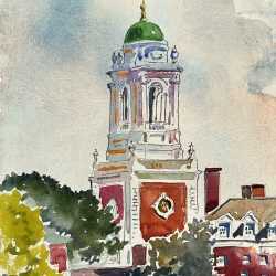 Watercolor by Adam Van Doren: Harvard Tower, available at Childs Gallery, Boston