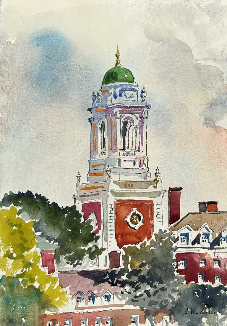 Watercolor by Adam Van Doren: Harvard Tower, available at Childs Gallery, Boston