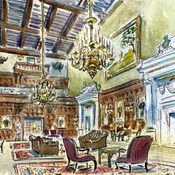 Watercolor by Adam Van Doren: Interior of Harvard Club of New York, available at Childs Gallery, Boston