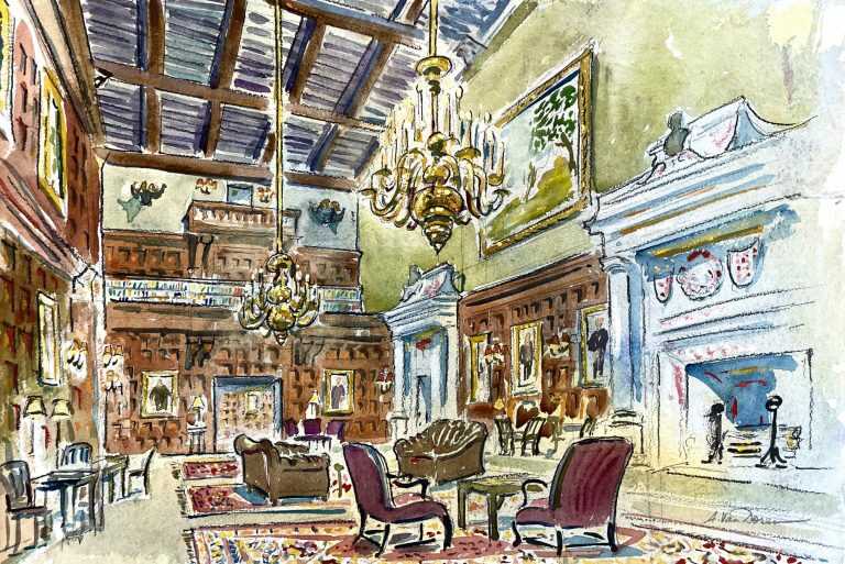 Watercolor by Adam Van Doren: Interior of Harvard Club of New York, available at Childs Gallery, Boston