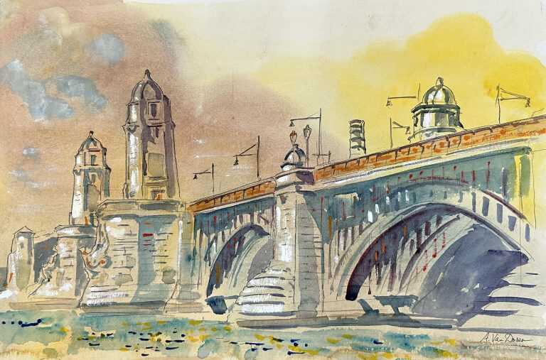 Watercolor by Adam Van Doren: Longfellow Bridge, available at Childs Gallery, Boston