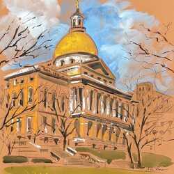 Watercolor by Adam Van Doren: Massachusetts State House, Boston, available at Childs Gallery, Boston