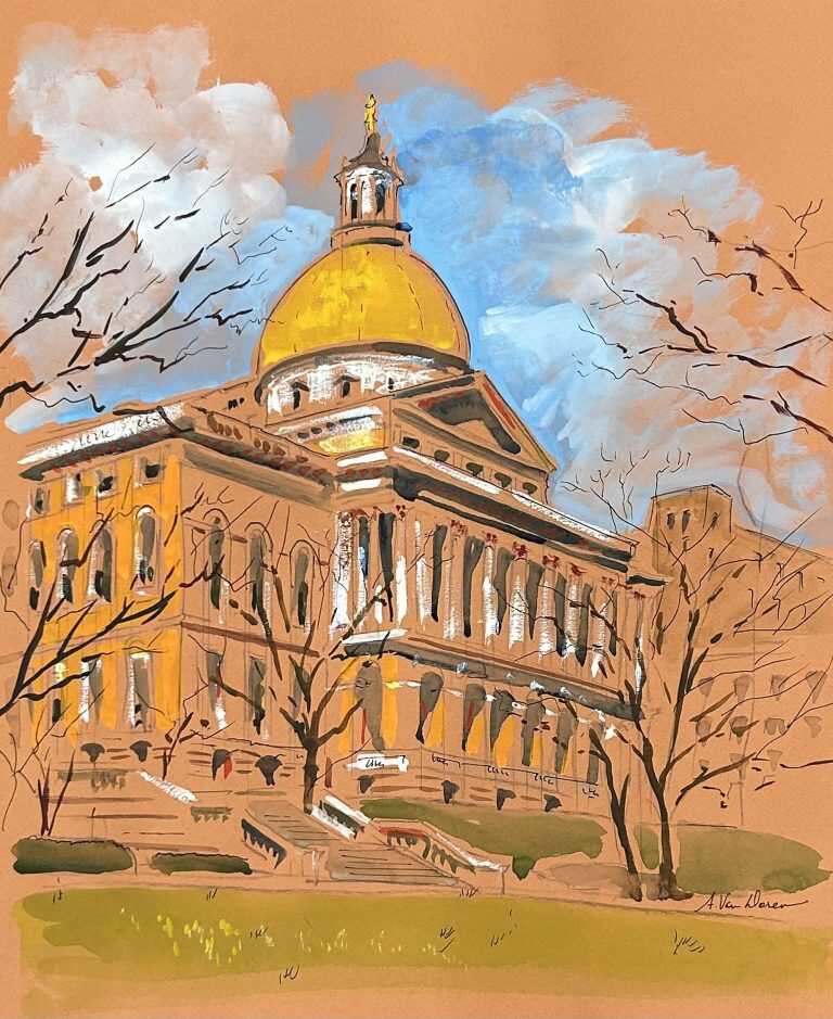 Watercolor by Adam Van Doren: Massachusetts State House, Boston, available at Childs Gallery, Boston