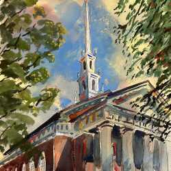 Watercolor by Adam Van Doren: Memorial Church, Harvard, available at Childs Gallery, Boston