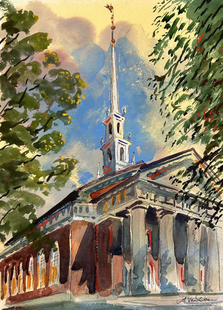 Watercolor by Adam Van Doren: Memorial Church, Harvard, available at Childs Gallery, Boston