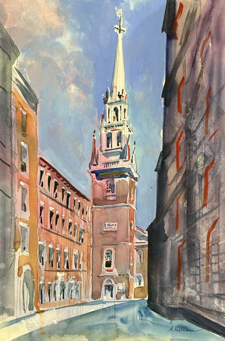 Watercolor by Adam Van Doren: Old North Church, Boston, available at Childs Gallery, Boston