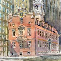 Watercolor by Adam Van Doren: Old State House, Boston, available at Childs Gallery, Boston