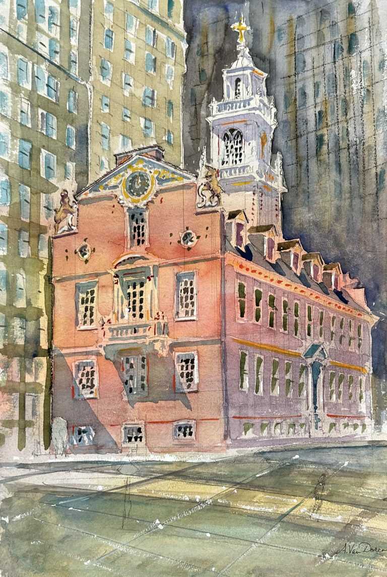 Watercolor by Adam Van Doren: Old State House, Boston, available at Childs Gallery, Boston