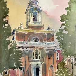 Watercolor by Adam Van Doren: Red Brick Church, available at Childs Gallery, Boston