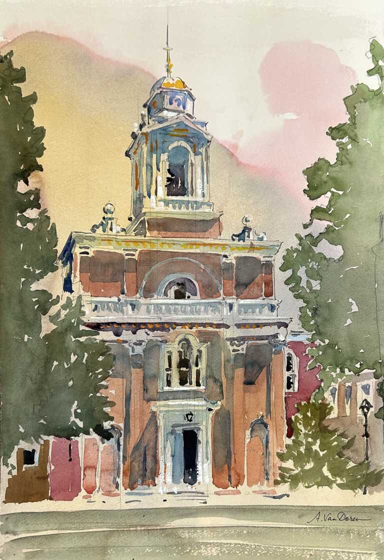 Watercolor by Adam Van Doren: Red Brick Church, available at Childs Gallery, Boston