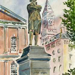 Watercolor by Adam Van Doren: Sam Adams Statue, available at Childs Gallery, Boston