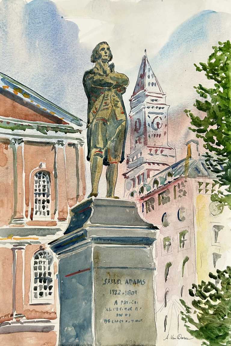 Watercolor by Adam Van Doren: Sam Adams Statue, available at Childs Gallery, Boston