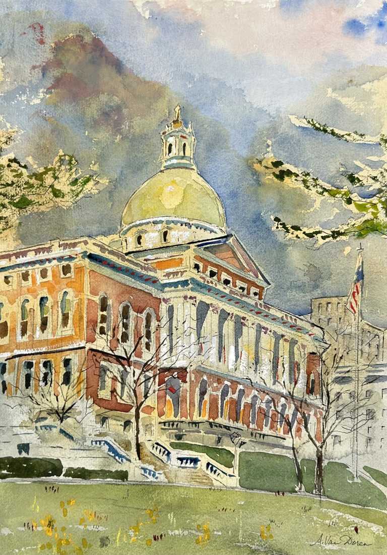 Watercolor by Adam Van Doren: State House, Boston, available at Childs Gallery, Boston