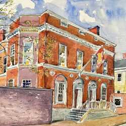 Watercolor by Adam Van Doren: The Spee Club, Harvard, available at Childs Gallery, Boston