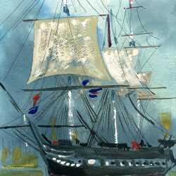 Watercolor by Adam Van Doren: USS Constitution, available at Childs Gallery, Boston