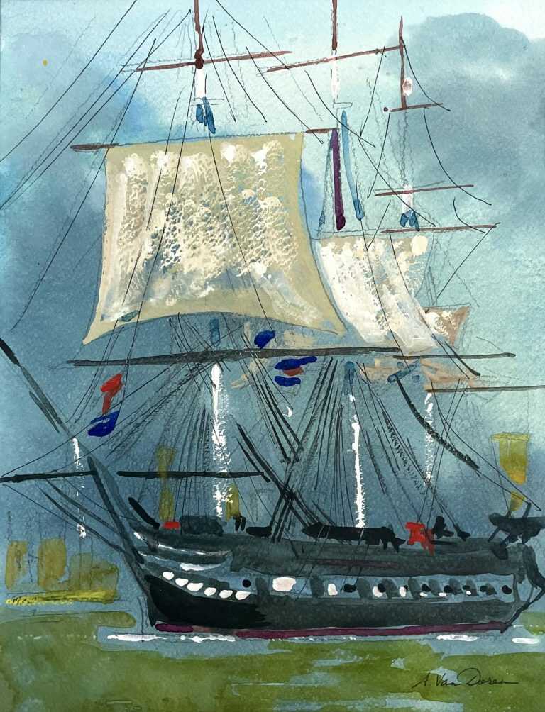 Watercolor by Adam Van Doren: USS Constitution, available at Childs Gallery, Boston