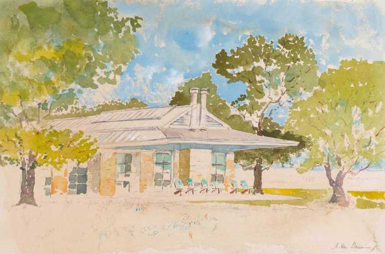 Watercolor By Adam Van Doren: George W. Bush's Crawford Ranch At Childs Gallery